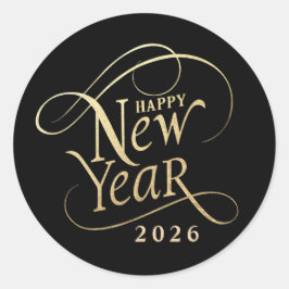 Pegatina Redonda Elegante Feliz Año Nuevo Oro Negro