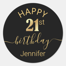 Pegatina Redonda elegante feliz cumpleaños 21 negro dorado minimali