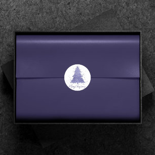 Pegatina Redonda Elegante Feliz Navidad   Atractivo árbol morado