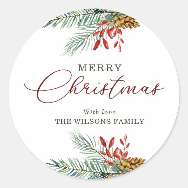 Pegatina Redonda Elegante Feliz Navidad Holly Berries Pinecones (Anverso)
