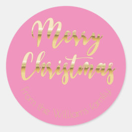 Pegatina Redonda Elegante Feliz Navidad oro metálico luce rosa