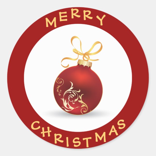 Pegatina Redonda Elegante Feliz Navidad Rojo y Dorado Bauble (Anverso)