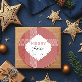 Pegatina Redonda Elegante Feliz Navidad Tartan Burgundy