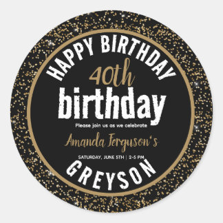 Pegatina Redonda Elegante Fiesta de 40 Años en Negro y Oro
