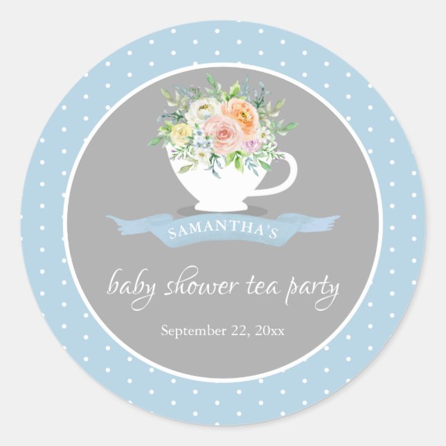 Pegatina Redonda Elegante Fiesta de té Baby Shower Floral Teacup (Anverso)