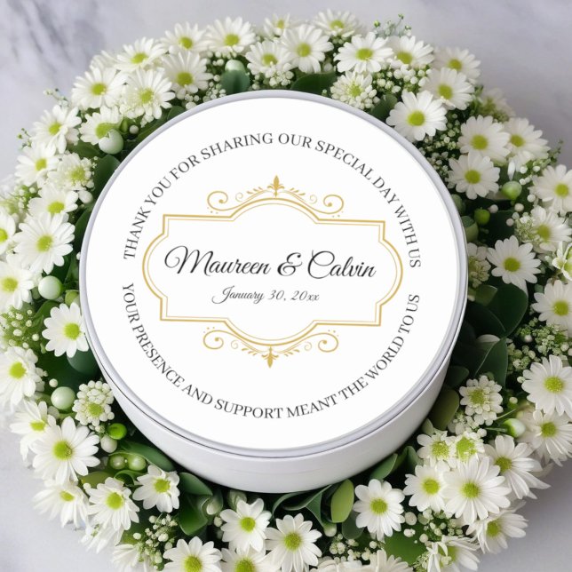 Pegatina Redonda Elegante filigrí dorado sobre blanco, Boda (Subido por el creador)