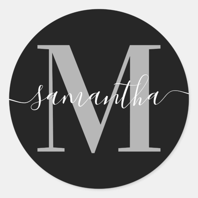 Pegatina Redonda Elegante Firma Gris Moderno Monograma Negro (Anverso)