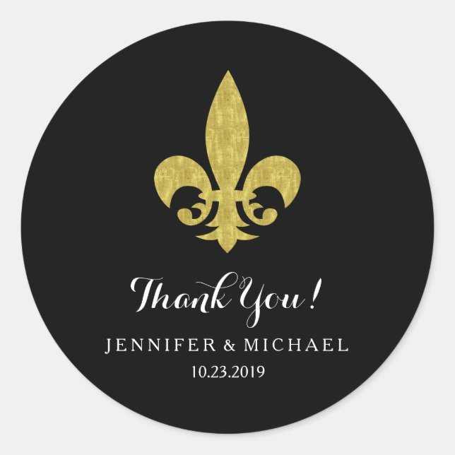Pegatina Redonda Elegante Fleur de Oro de Lis para Boda en Negro (Anverso)