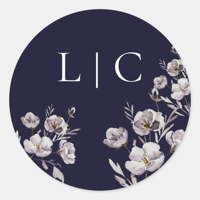 Pegatina Redonda Elegante flor de acuarela marina oscura de boda (Anverso)
