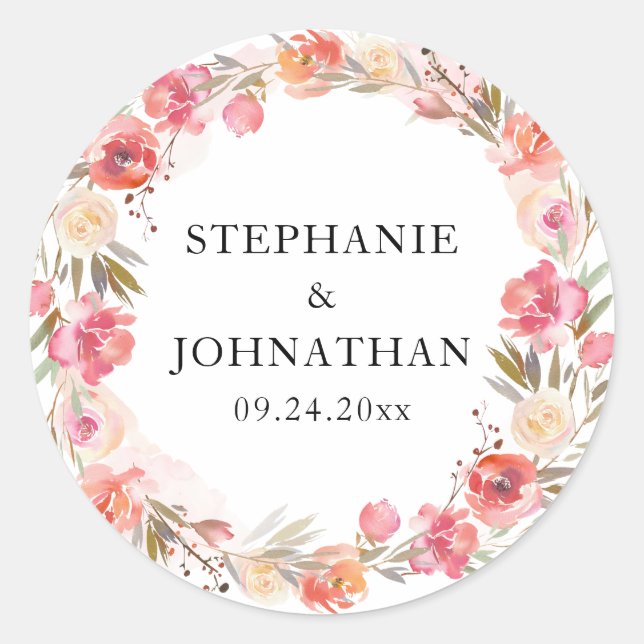 Pegatina Redonda Elegante Flor de Agua Acuarela Rosa Melocotón (Anverso)