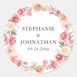 Pegatina Redonda Elegante Flor de Melocotón Rosa en Acuarela