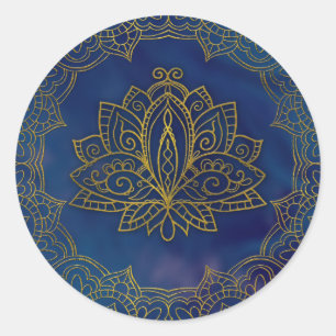 Pegatina Redonda Elegante flor Gold Lotus en azul