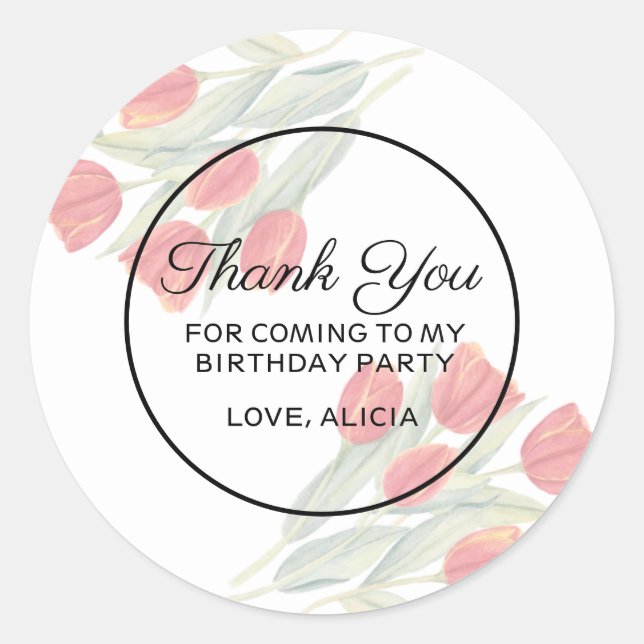 Pegatina Redonda Elegante Flora Spring Red Tulip Gracias Cumpleaños (Anverso)