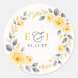 Pegatina Redonda Elegante Floral Acuarela Amarillo Gris Boda