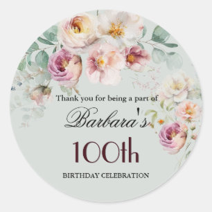 Pegatina Redonda Elegante Floral Acuarela Bienvenida a los 100 Años