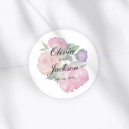 Pegatina Redonda Elegante Floral Acuarela Rosa Boda