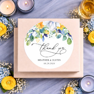 Pegatina Redonda Elegante floral amarillo y azul boda acuarela