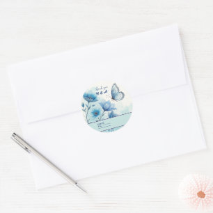 Pegatina Redonda Elegante Floral Azul y Mariposa Personalizado