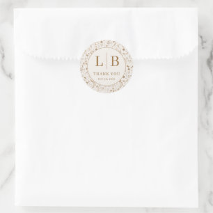 Pegatina Redonda Elegante Floral Beige