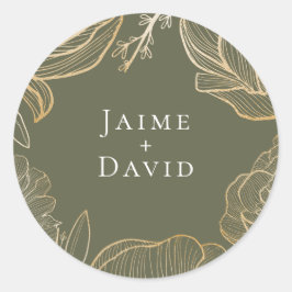 Pegatina Redonda Elegante floral botánico en oro
