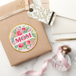 Pegatina Redonda Elegante Floral de Acuarela "MAMÁ TE QUIERO" Madre