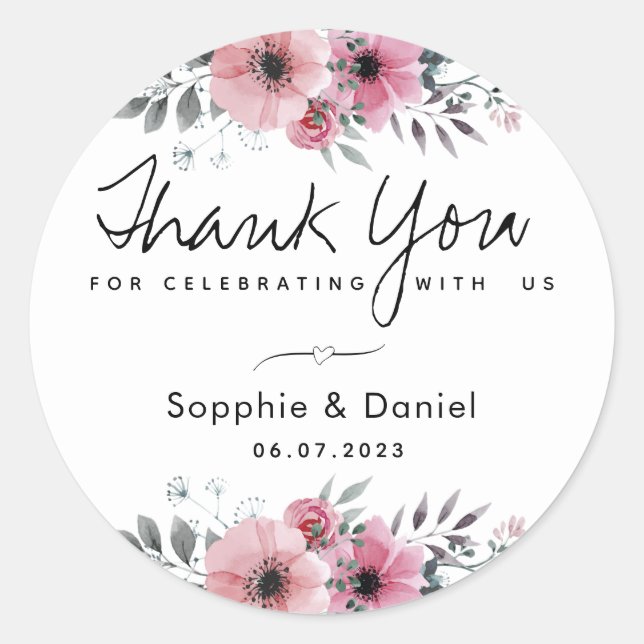Pegatina Redonda Elegante Floral de Acuarela Rosa Gracias (Anverso)