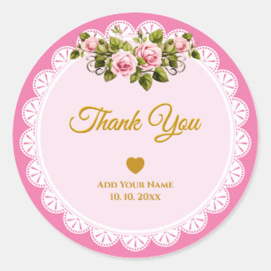 Pegatina Redonda Elegante Floral de Encaje Rosa "Gracias" Personali