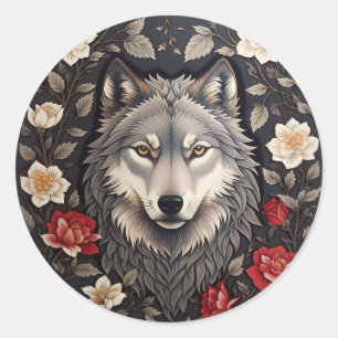 Pegatina Redonda Elegante Floral de Lobo Gris