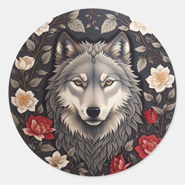 Pegatina Redonda Elegante Floral de Lobo Gris (Anverso)