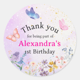 Pegatina Redonda Elegante floral de mariposa rosa y púrpura