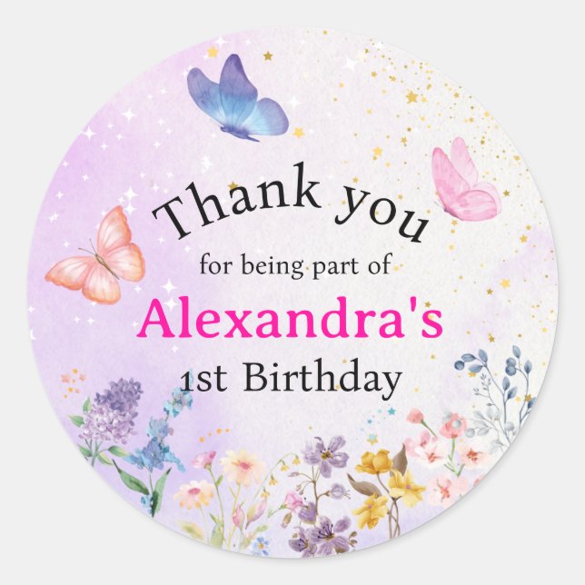 Pegatina Redonda Elegante floral de mariposa rosa y púrpura (Anverso)