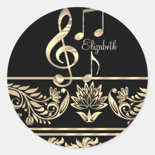 Pegatina Redonda Elegante Floral de Oro, Llave de Violín, Nota