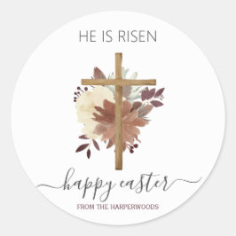 Pegatina Redonda Elegante Floral Feliz Cruz de Pascua Cristiana