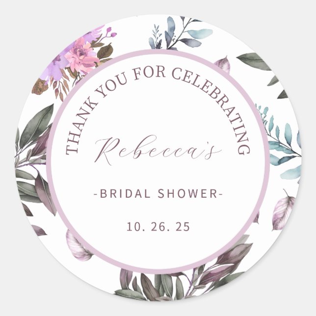 Pegatina Redonda Elegante Floral Gracias Bridal Shower (Anverso)