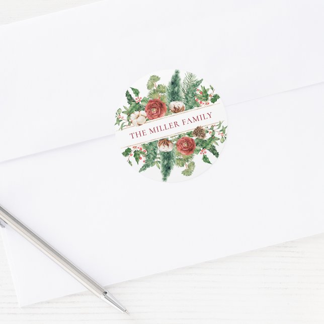 Pegatina Redonda Elegante Floral Invernal Vacaciones (Elegant Green Red Cream Floral Holiday Classic  Personalized Round Sticker by Painted Paperie
)
