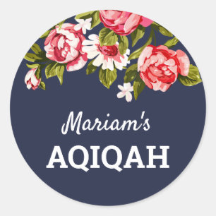 Pegatina Redonda Elegante Floral Midnight Blue Baby Girl Aqiqah
