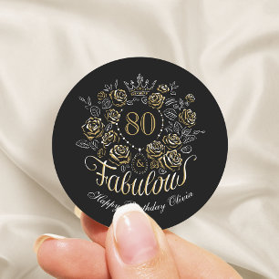 Pegatina Redonda Elegante Floral Negro y Oro 80 y Fabuloso Cumpleañ