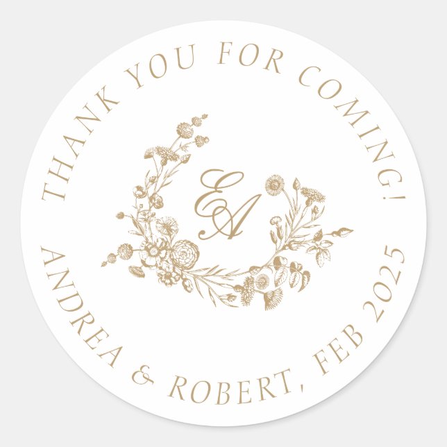 Pegatina Redonda Elegante Floral Oro Gracias por Venir  (Anverso)