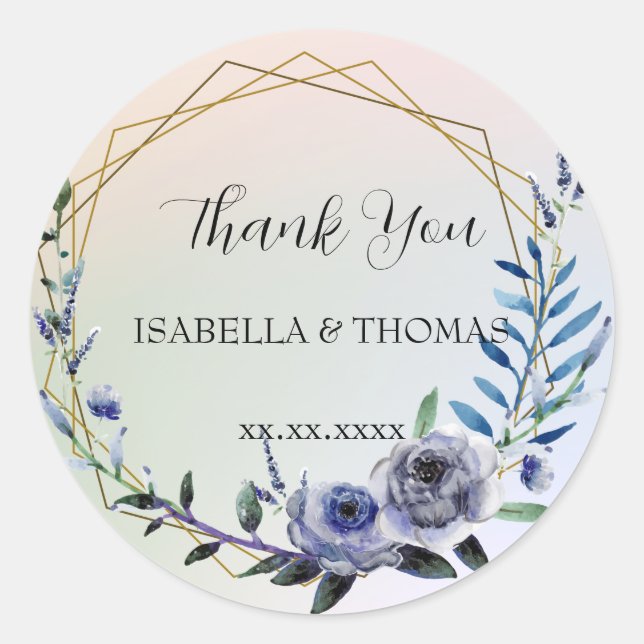 Pegatina Redonda Elegante floral pastel Gracias fiesta de bodas (Anverso)