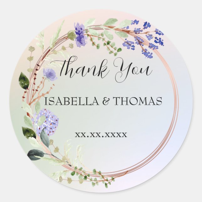 Pegatina Redonda Elegante floral pastel Gracias fiesta de bodas (Anverso)