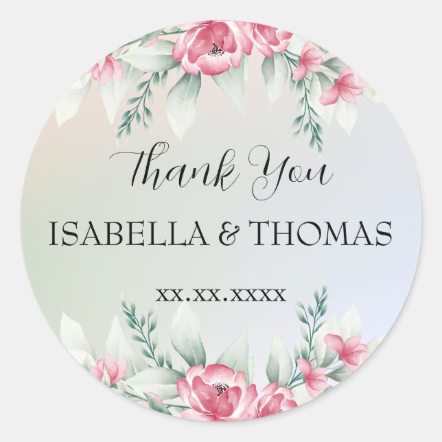 Pegatina Redonda Elegante floral pastel Gracias fiesta de bodas (Anverso)