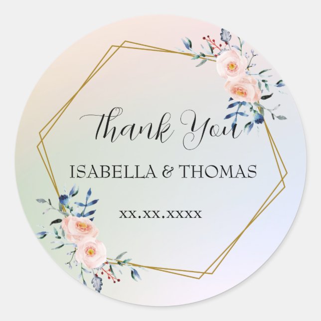 Pegatina Redonda Elegante floral pastel Gracias fiesta de bodas (Anverso)
