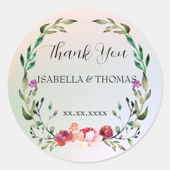 Pegatina Redonda Elegante floral pastel Gracias fiesta de bodas (Anverso)