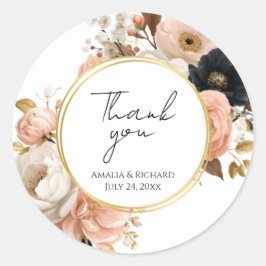 Pegatina Redonda Elegante Floral Personalizado “Gracias” Boda