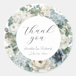 Pegatina Redonda Elegante Floral Personalizado "Gracias" Boda
