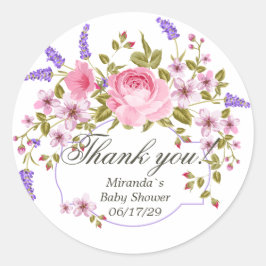Pegatina Redonda Elegante Floral Purple Watercolor Baby Shower