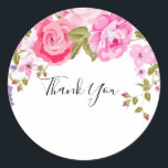 Pegatina Redonda Elegante Floral Rosa Gracias<br><div class="desc">Pegatina clásica redonda de agradecimiento floral rosa elegante. Pegatina clásica redonda de agradecimiento floral rosa elegante. Estas pegatinas de agradecimiento florales románticas y elegantes son perfectas para bodas y todas las ocasiones. El diseño floral es una cascada de flores rosas. Manténgalas como están o personalice las etiquetas de las pegatinas...</div>