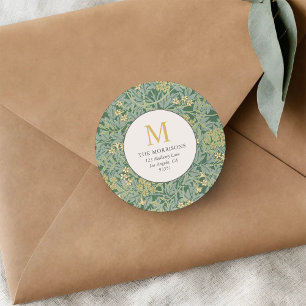 Pegatina Redonda Elegante Floral Verde Monograma Dorado Dirección d