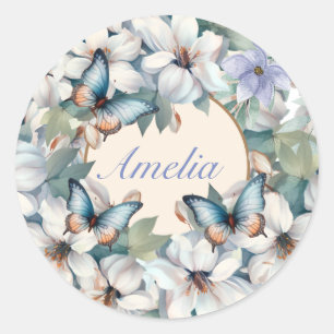 Pegatina Redonda Elegante floral y mariposas