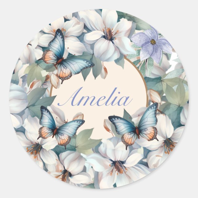 Pegatina Redonda Elegante floral y mariposas (Anverso)